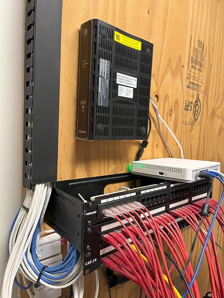Network patch panel and router installation for a storefront